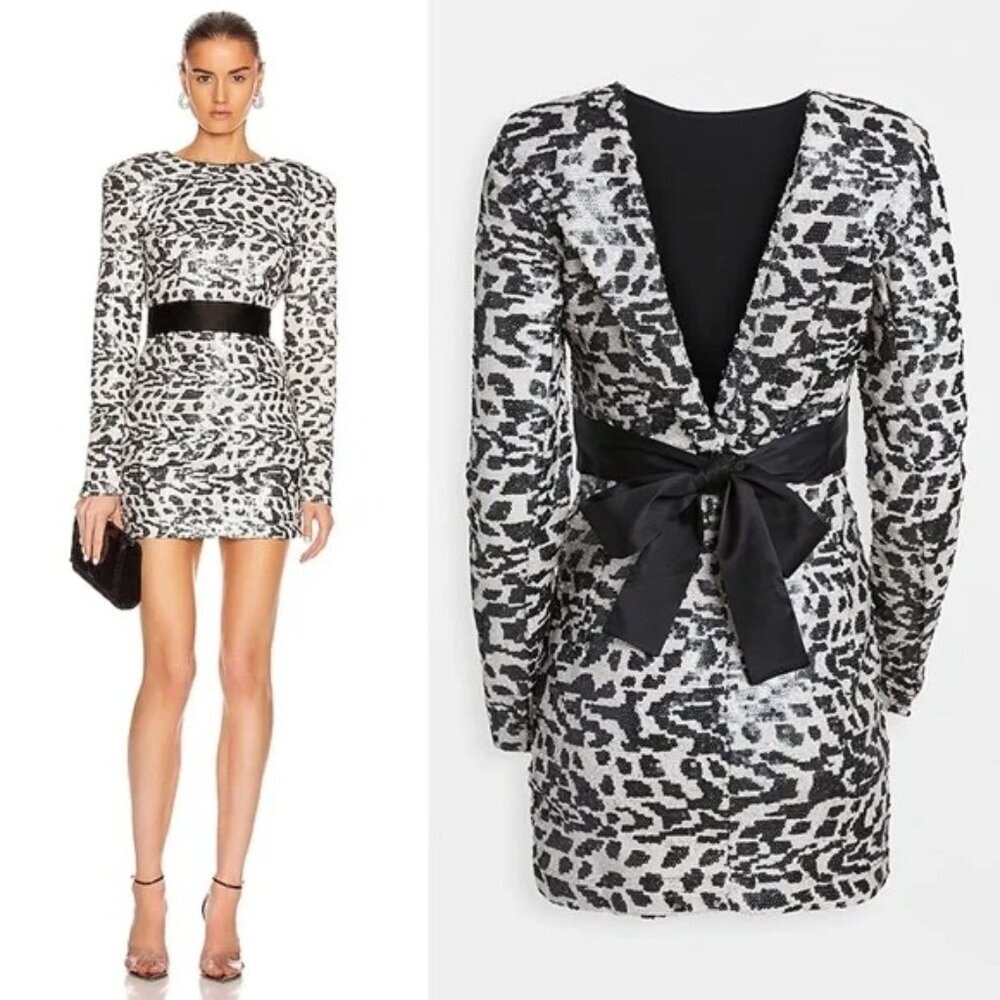 NEW ROTATE Wanda Sequined Mini Dress in White Black Raven Combo $370